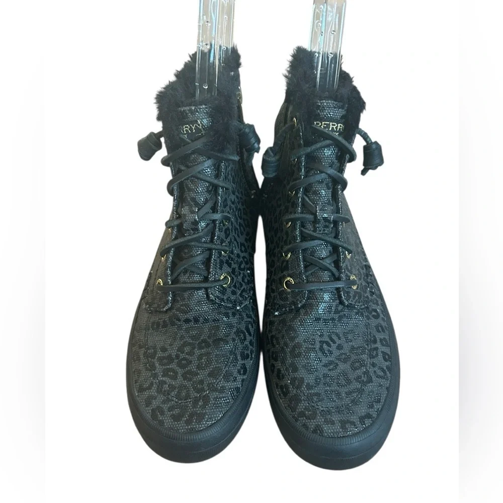 Sperry Black Leopard Crest Vibe Canvas Hightop Sneaker Fur Booties Women’s 7.5M